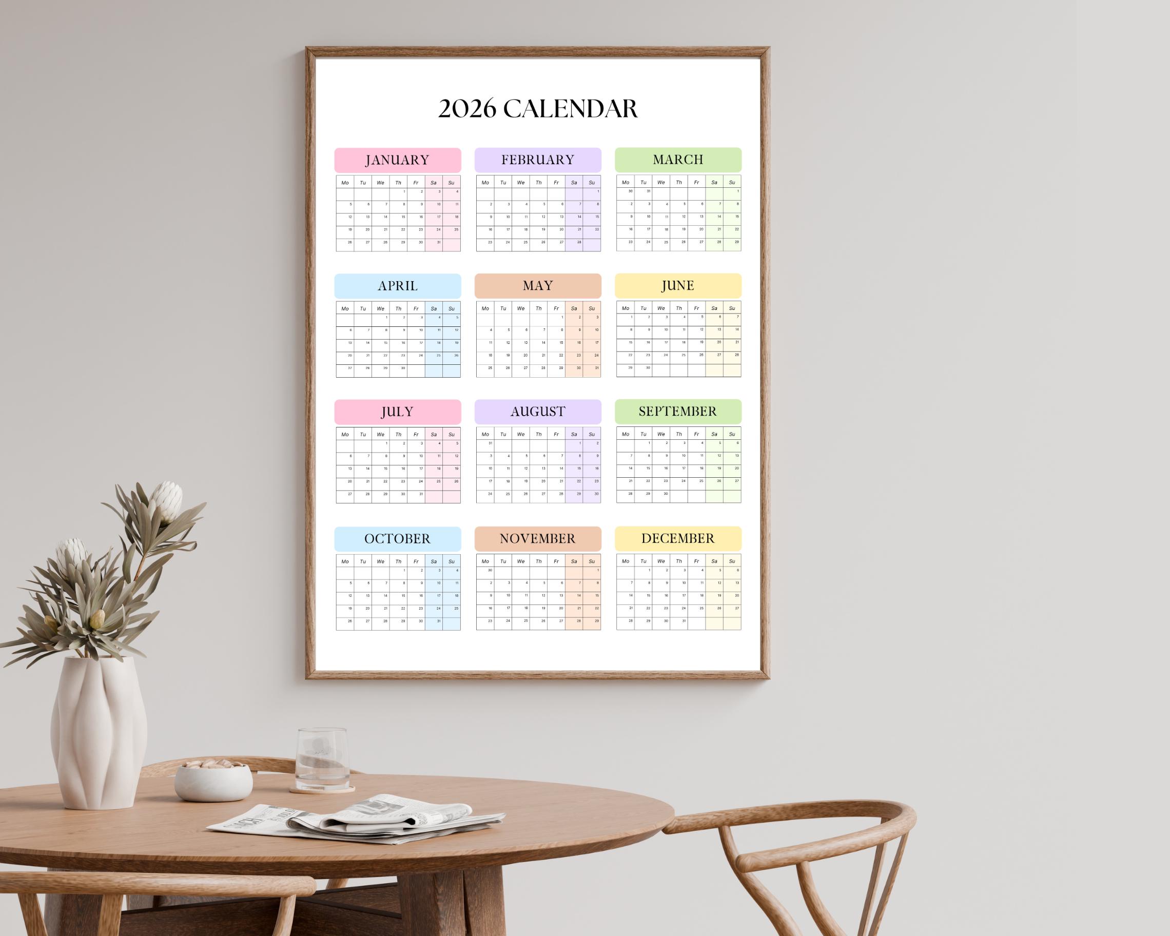 2026 Year at A Glance Wall Calendar, Large Printable Poster Calendar ...