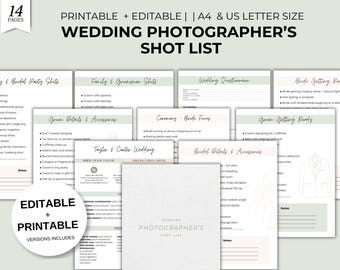 ウェディングフォトグラファーの撮影リストテンプレート | 編集可能＆印刷可能な写真撮影チェックリスト | ウェディングプランナーバンドル | A4、USレター | インスタントファイル