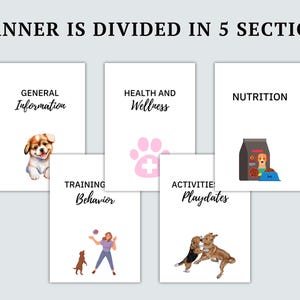 May include: A planner divided into five sections: General Information, Health and Wellness, Nutrition, Training Behavior, and Activities Playdates. Each section features a dog-related illustration.