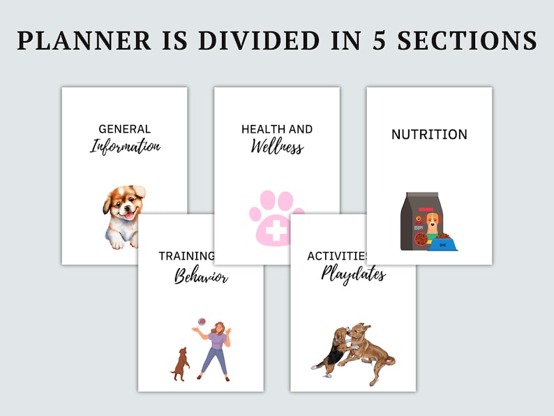 May include: A planner divided into five sections: General Information, Health and Wellness, Nutrition, Training Behavior, and Activities Playdates. Each section features a dog-related illustration.