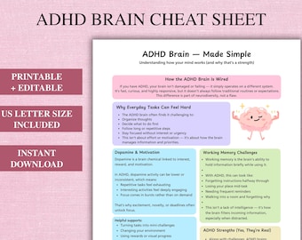 ADHD Brain Cheat Sheet Printable PDF, Neurodivergent Planner Insert, Study Guide, Executive Function and Therapy Handout, Neurodiversity