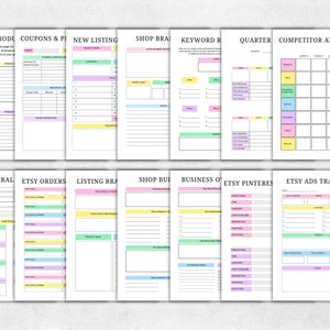 May include: A printable Etsy shop planner with worksheets for product research, coupons, new listings, shop branding, keyword research, competitor analysis, Etsy orders, listing branding, shop business, Etsy Pinterest, and Etsy ads tracking. The planner has a pastel color scheme with pink, blue, green, and yellow accents.
