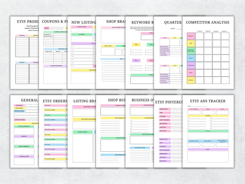 May include: A printable Etsy shop planner with worksheets for product research, coupons, new listings, shop branding, keyword research, competitor analysis, Etsy orders, listing branding, shop business, Etsy Pinterest, and Etsy ads tracking. The planner has a pastel color scheme with pink, blue, green, and yellow accents.