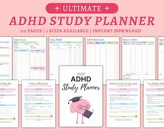 May include: A printable 2025 ADHD Study Planner with 110 pages. The planner features a cartoon brain wearing a graduation cap and holding a book. The planner includes sections for subject overview, study checklist, textbook rental tracker, reference & citation, assignment, goal setting guide, pomodoro technique guide, motivation and reward system guide, and focus-building techniques.