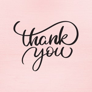 May include: A handwritten thank you message in black script on a pink background.