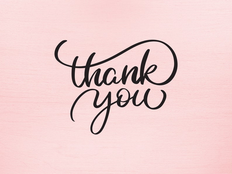 May include: A handwritten thank you message in black script on a pink background.