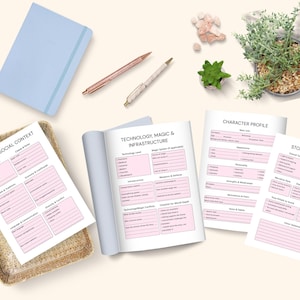 May include: A light blue notebook, two pens, and several sheets of paper with pink and white text are arranged on a light-colored surface. The text includes "Cultural & Social Context", "Technology, Magic & Infrastructure", "Character Profile", and "Story Tone". A small plant and a basket are also present.