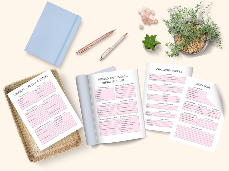 May include: A light blue notebook, two pens, and several sheets of paper with pink and white text are arranged on a light-colored surface. The text includes "Cultural & Social Context", "Technology, Magic & Infrastructure", "Character Profile", and "Story Tone". A small plant and a basket are also present.