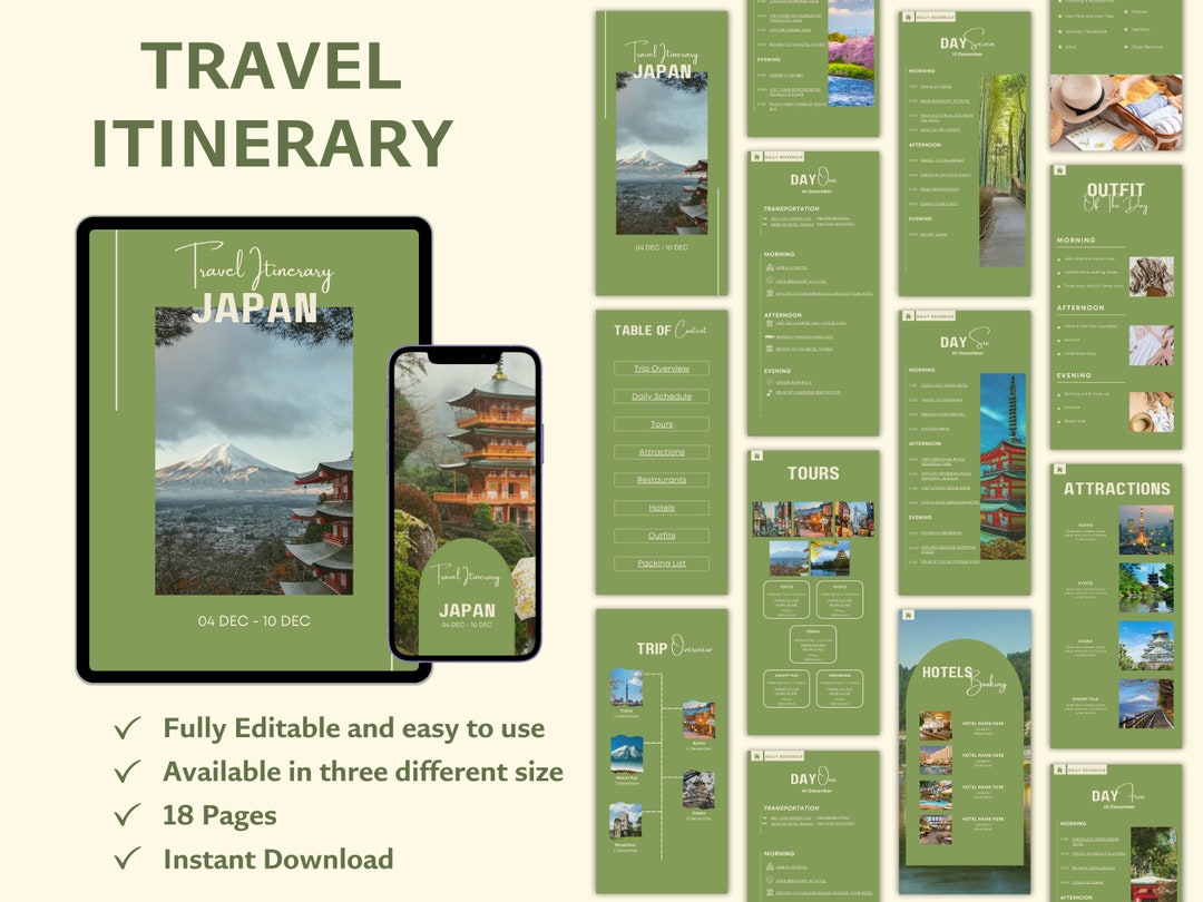 Japan Itinerary Template Canva, Editable Travel Planner, Vacation