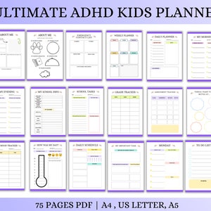May include: A printable planner designed for kids with ADHD. The planner includes pages for daily schedules, weekly plans, mood tracking, school information, and more. The planner is available in A4, US Letter, and A5 sizes.