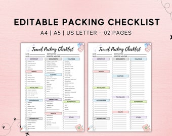 Editable Travel Packing List, Travel Checklist Printable, Travel Planner, Travel Organizer, Travel Vacation Planner, Packing List for Women