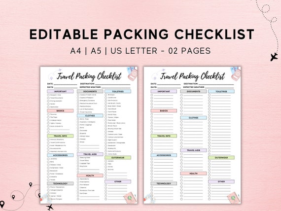 Editable Travel Packing List, Travel Checklist Printable, Travel Planner, Travel Organizer, Travel Vacation Planner, Packing List for Women