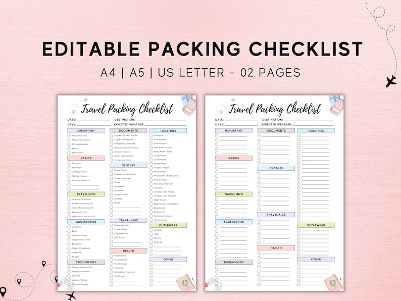 May include: A printable travel packing checklist with two pages. The checklist is divided into categories such as important, documents, toiletries, basics, clothes, travel info, accessories, travel aids, outerwear, technology, health, and other. Each category has a list of items to pack.