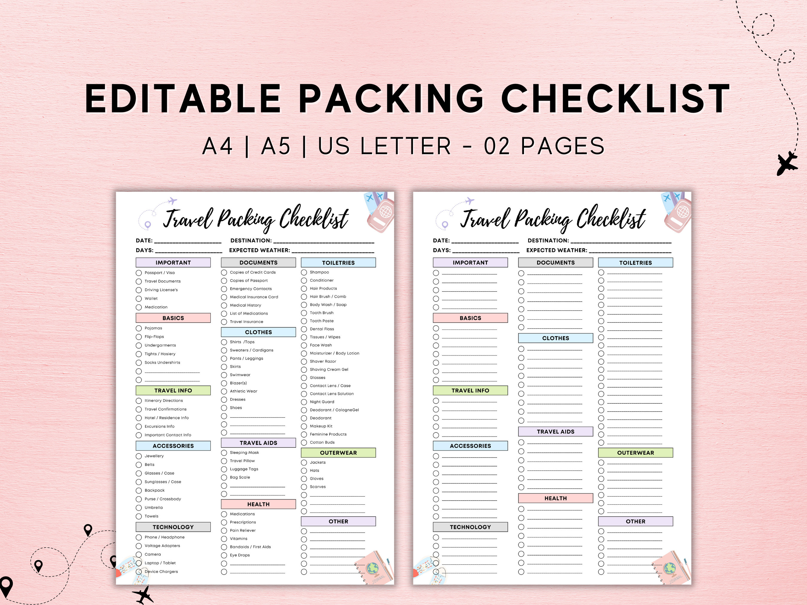 Editable Travel Packing List Travel Checklist Printable - Etsy Australia