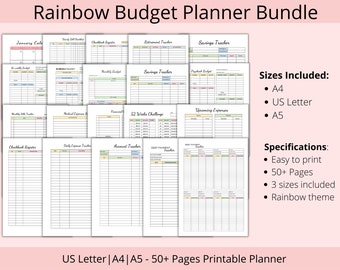 Rainbow Budget Planner Printable, Financial Planner, Monthly Budget, Paycheck Budget, Debt Payoff Tracker, Expense Tracker, Income tracker