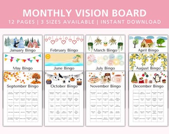 May include: A set of 12 printable bingo cards, one for each month of the year. Each card features a different seasonal illustration and the month's name. The text "MONTHLY VISION BOARD" appears at the top of the image.