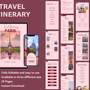 Paris Travel Itinerary Template, Editable Travel Planner, Digital Travel Guide, Digital Vacation Schedule, Travel Agent Planner, Canva