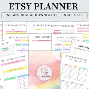 Könnte beinhalten: Ein druckbarer Etsy-Shop-Planer mit einem Aquarellhintergrund in Rosa-, Gelb- und Blautönen. Der Planer enthält Abschnitte für Etsy-Anzeigen, Wachstumsverfolgung, neue Einträge, Shop-Branding, Zielgruppe, Tagesplanung und Produkt-Tags.