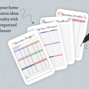 May include: Four printable pages for home renovation planning. The pages include a budget tracker, a room planning checklist, a mood board, and a wishlist. Each page has a floral design and is labeled with the title of the page.