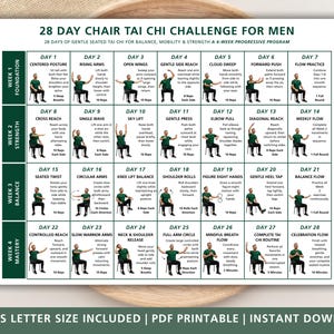 May include: A 28-day chair Tai Chi challenge chart for men, featuring a grid of daily seated exercises with illustrations and instructions for balance, mobility, and strength. The document includes four weeks of progressive routines in a white layout.