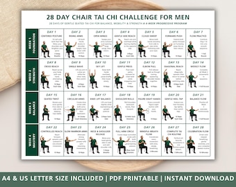 28-Tage-Stuhl-Tai-Chi-Challenge für Männer (zum Ausdrucken), 4-Wochen-Sitz-Tai-Chi-Programm, Übungen für ältere Männer, Gleichgewichts-, Kraft- und Beweglichkeitstraining