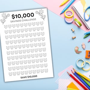 May include: A printable savings challenge chart featuring a floral design. The chart is titled "$10,000 Savings Challenge" and includes a grid of 100 squares, each representing &pound;100. The chart is designed to help people track their savings progress towards a goal of &pound;10,000.