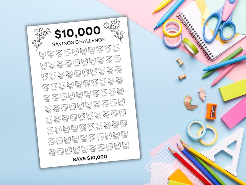 May include: A printable savings challenge chart featuring a floral design. The chart is titled "$10,000 Savings Challenge" and includes a grid of 100 squares, each representing &pound;100. The chart is designed to help people track their savings progress towards a goal of &pound;10,000.