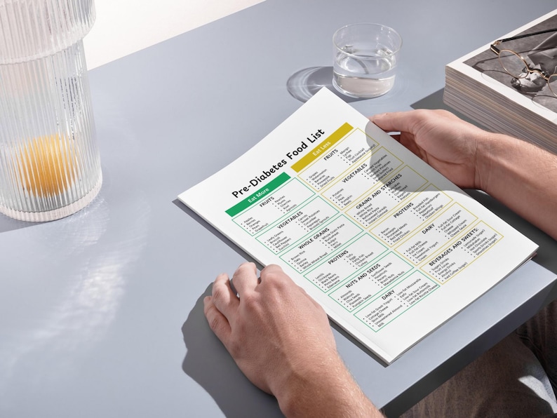 May include: A white sheet of paper with a green and yellow chart titled "Pre-Diabetes Food List". The chart lists foods to eat more of and foods to eat less of, categorized by food groups such as fruits, vegetables, whole grains, and proteins.