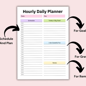 Puede incluir: Un planificador diario por horas imprimible con secciones para la programaci&oacute;n, un gran objetivo, gratitud y notas. El planificador es de color rosa, verde y azul.