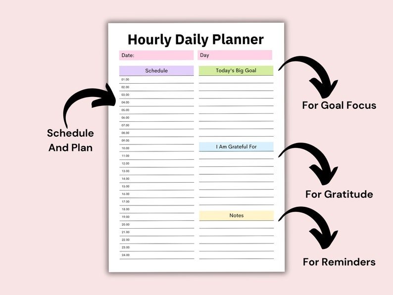 Puede incluir: Un planificador diario por horas imprimible con secciones para la programaci&oacute;n, un gran objetivo, gratitud y notas. El planificador es de color rosa, verde y azul.