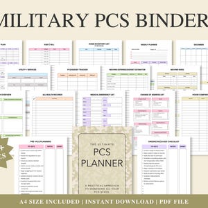 May include: A collection of printable planner pages titled "MILITARY PCS BINDER". The pages include budget plans, checklists, and health records. The cover of the planner is tan with the text "THE ULTIMATE PCS PLANNER". The image also includes the text "100+ PAGES".