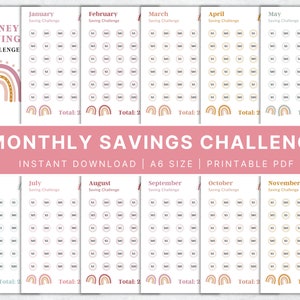 12 Monthly Savings Challenge Bundle, Money Challenge, A6 Mini Savings Challenge Bundle, Savings Tracker Printable, Instant Download