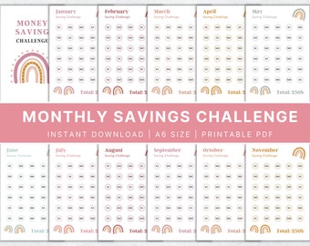 12 Monthly Savings Challenge Bundle, Money Challenge, A6 Mini Savings Challenge Bundle, Savings Tracker Printable, Instant Download