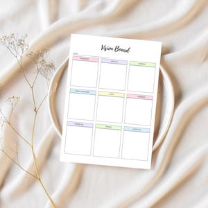 K&ouml;nnte beinhalten: Eine druckbare Vision Board Vorlage mit neun Abschnitten f&uuml;r pers&ouml;nliche, gesundheitliche, berufliche, famili&auml;re/freundschaftliche, liebes-, hobby-, finanzielle, reise- und lifestyle-Ziele. Jeder Abschnitt hat einen farbigen Rand.