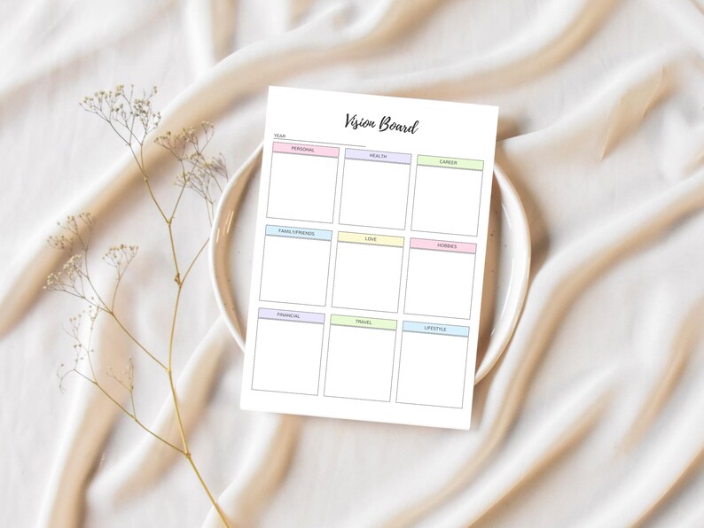 K&ouml;nnte beinhalten: Eine druckbare Vision Board Vorlage mit neun Abschnitten f&uuml;r pers&ouml;nliche, gesundheitliche, berufliche, famili&auml;re/freundschaftliche, liebes-, hobby-, finanzielle, reise- und lifestyle-Ziele. Jeder Abschnitt hat einen farbigen Rand.