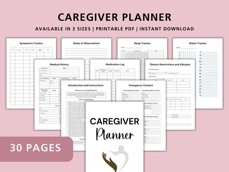 Pu&ograve; includere: Un planner di assistenza stampabile in bianco e nero con 30 pagine. Il planner include sezioni per sintomi, storia medica, note, sonno, farmaci, restrizioni dietetiche, allergie, introduzione e istruzioni e contatti di emergenza. Il planner &egrave; disponibile in tre dimensioni ed &egrave; un download istantaneo.