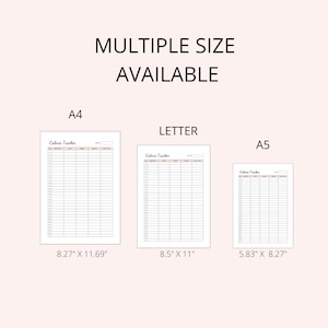 Puede incluir: Tres plantillas de seguimiento de calor&iacute;as imprimibles en diferentes tama&ntilde;os: A4 (8,27" x 11,69"), Carta (8,5" x 11") y A5 (5,83" x 8,27").