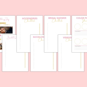 May include: Printable checklist templates for wedding planning, including a wedding day checklist, bridal shower checklist, stag do checklist, accessories checklist, colour palette ideas, and videography checklist. The checklists are designed with pink and gold accents.