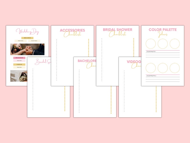 May include: Printable checklist templates for wedding planning, including a wedding day checklist, bridal shower checklist, stag do checklist, accessories checklist, colour palette ideas, and videography checklist. The checklists are designed with pink and gold accents.