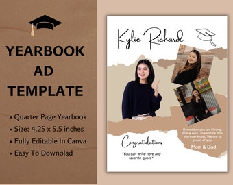 Anuario de anuncios de graduación de un cuarto de página, plantilla de anuario personalizado, collage de fotos de graduación editable, anuario de la escuela secundaria, anuncio de tributo a graduados