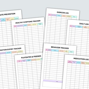 May include: A set of printable trackers for health, wellness, and daily life. The trackers include: Parasite Prevention, Healthy Symptoms Tracker, Vaccination Expiry Tracker, Playdates & Friends, Exercise Log, Behavior Tracker, Daily Log, and Medication Log.