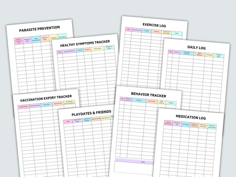 May include: A set of printable trackers for health, wellness, and daily life. The trackers include: Parasite Prevention, Healthy Symptoms Tracker, Vaccination Expiry Tracker, Playdates & Friends, Exercise Log, Behavior Tracker, Daily Log, and Medication Log.