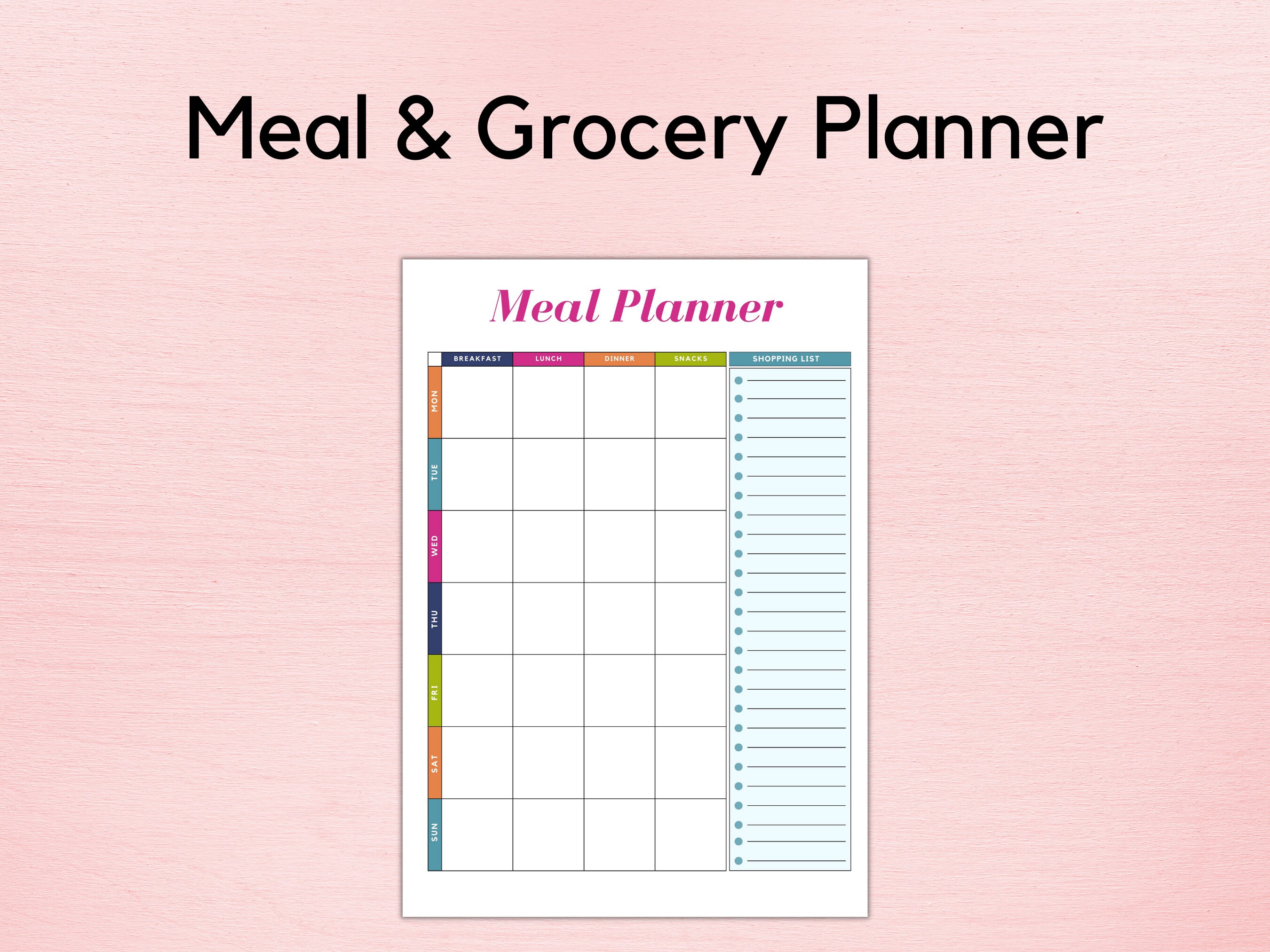 Weekly Meal Planner With Grocery List Printable Template, 7 Day Menu ...