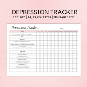 Pode incluir: Rastreador de depress&atilde;o imprim&iacute;vel com uma grade em preto e branco. O rastreador inclui uma se&ccedil;&atilde;o para o n&iacute;vel de depress&atilde;o, os sintomas e uma grade de calend&aacute;rio para acompanhar o humor di&aacute;rio.