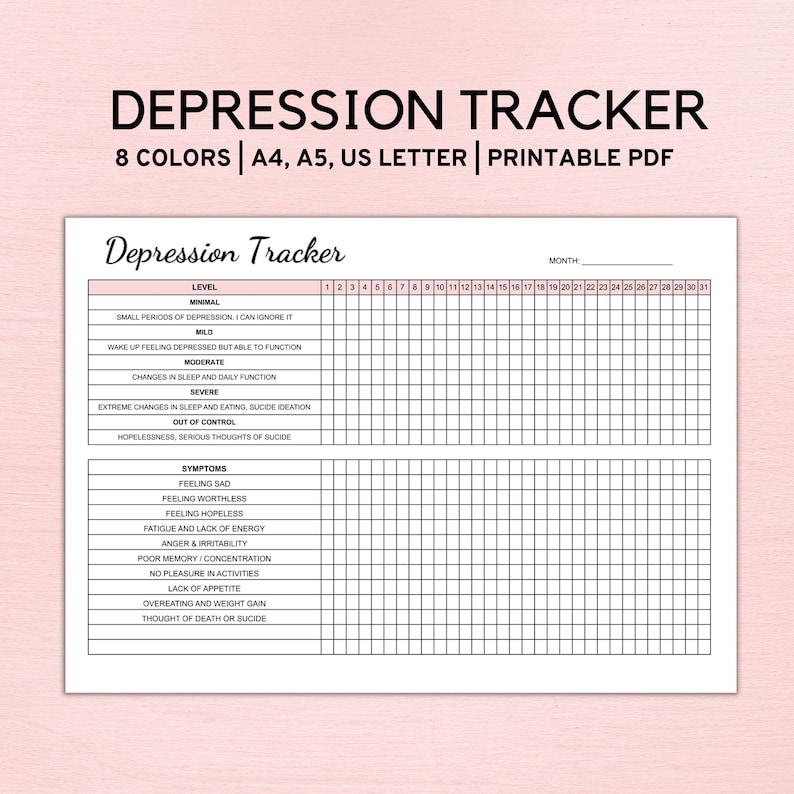 Pode incluir: Rastreador de depress&atilde;o imprim&iacute;vel com uma grade em preto e branco. O rastreador inclui uma se&ccedil;&atilde;o para o n&iacute;vel de depress&atilde;o, os sintomas e uma grade de calend&aacute;rio para acompanhar o humor di&aacute;rio.