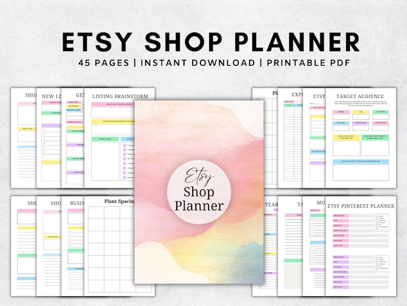 May include: A printable Etsy shop planner with 45 pages. The planner includes sections for listing brainstorming, target audience, Pinterest planning, and more. The cover features a watercolor design with pink, yellow, and orange hues.