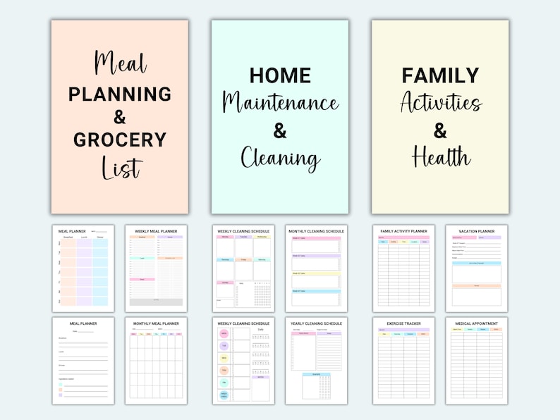 May include: A set of printable planner pages with colorful headings. The headings include "Meal Planning & Grocery List", "Home Maintenance & Cleaning", and "Family Activities & Health".