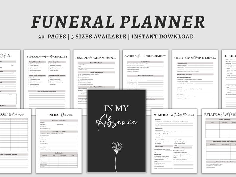 May include: A funeral planner with 20 pages and 3 sizes available. The cover features the text "FUNERAL PLANNER" in a bold font. The planner includes sections for funeral arrangements, checklists, and memorial planning. A black card with the text "IN MY Absence" is in the center.