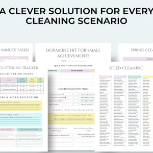 May include: A set of printable cleaning checklists and planners with the text "A Clever Solution for Every Cleaning Scenario." Includes a decluttering tracker, dopamine hit planner, and speed cleaning list. The pages have pastel color accents.