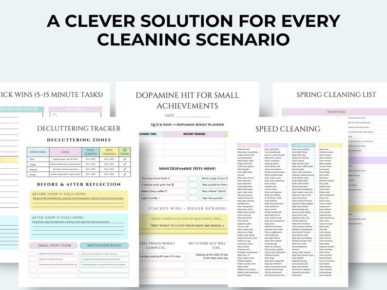 May include: A set of printable cleaning checklists and planners with the text "A Clever Solution for Every Cleaning Scenario." Includes a decluttering tracker, dopamine hit planner, and speed cleaning list. The pages have pastel color accents.